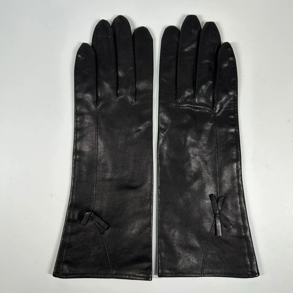 Vintage Black Leather Gloves Bow Detail Lined Japan Formal Evening Womens Size A
